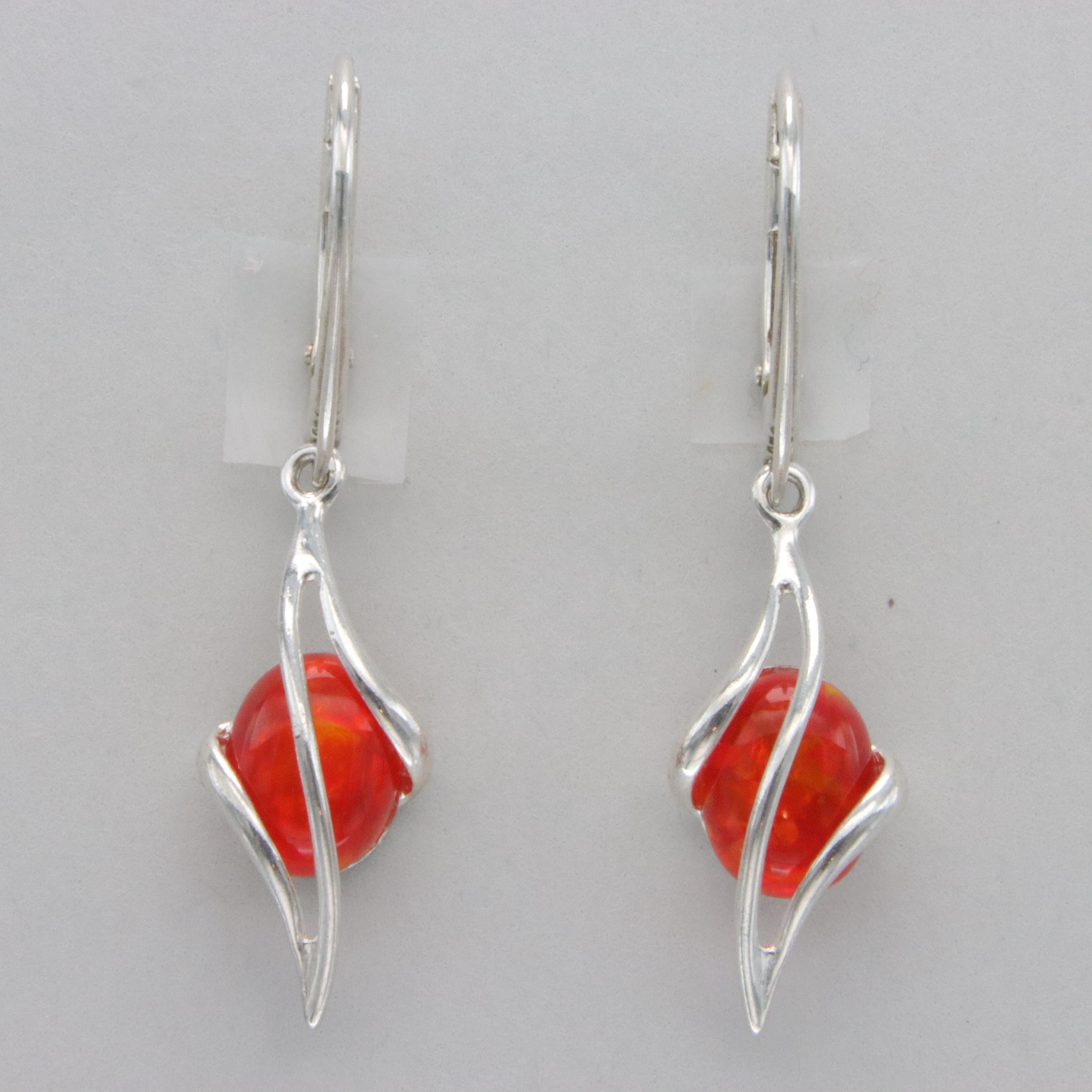 Red Oval Fire Opal Dangle Swirl Earrings - 925 Sterling Silver