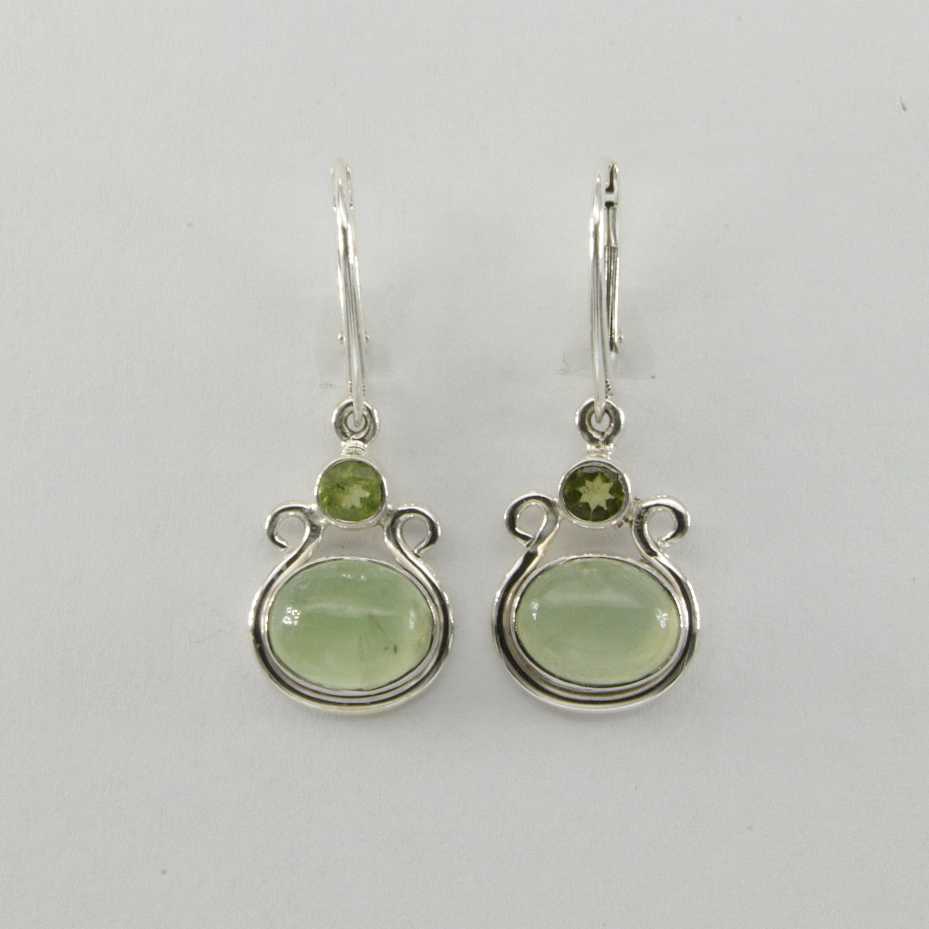Silver Leverback Earrings - Green Prehnite and Peridot Dangle