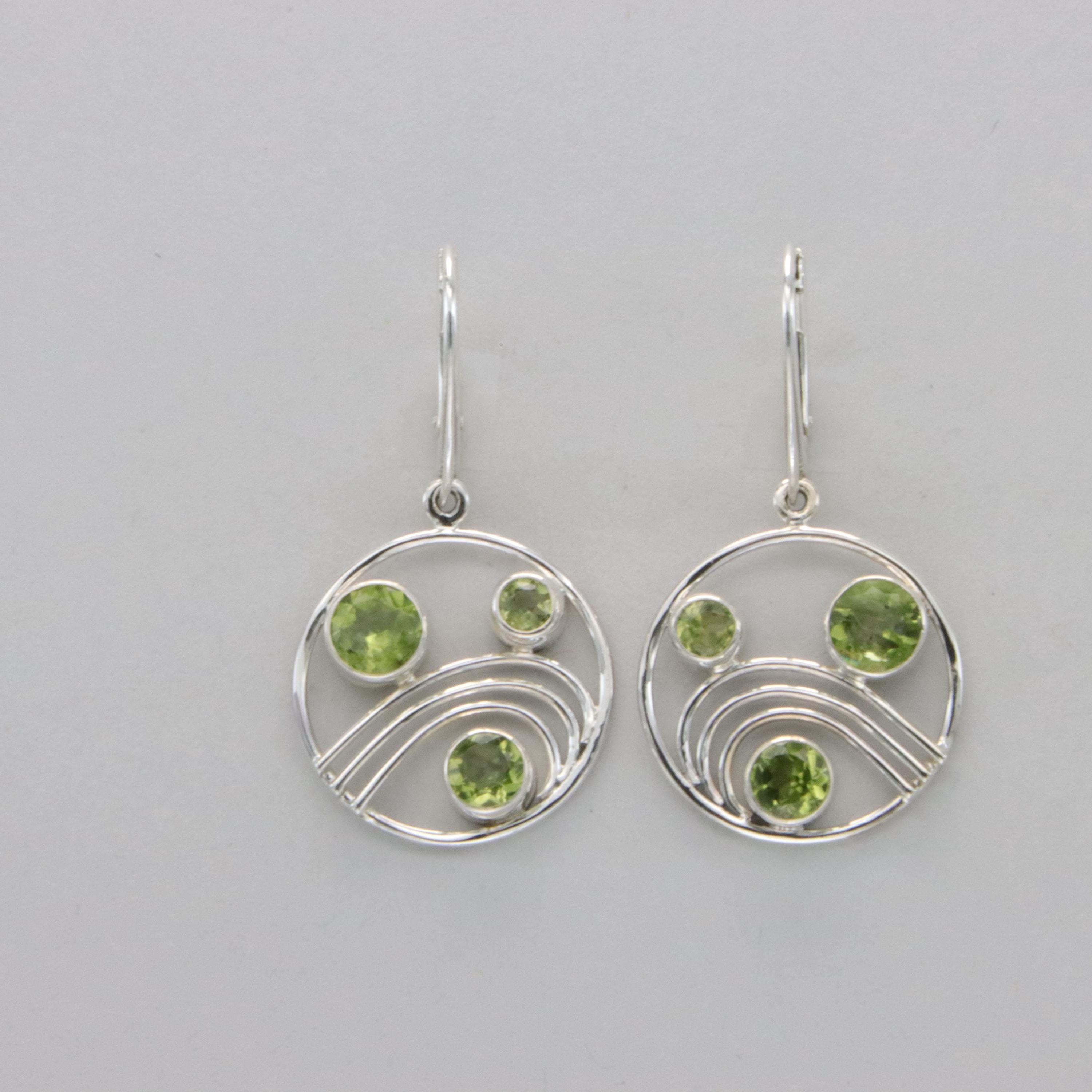 925 Silver Leverback Green Peridot Dangle Wave Earrings Natural Gemstone