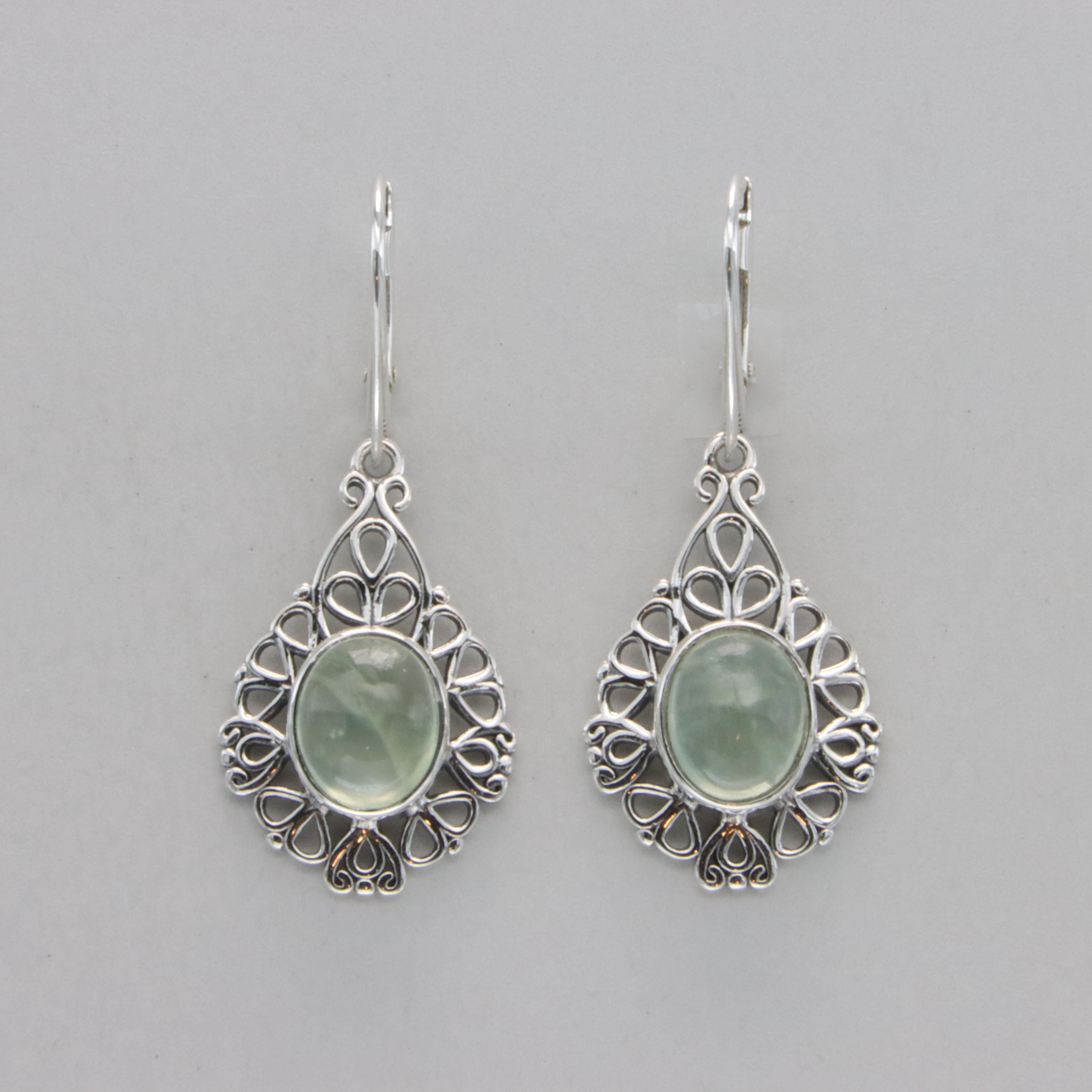 925 Silver Leverback Earrings - Oval Green Prehnite Dangle - Natural Gemstone