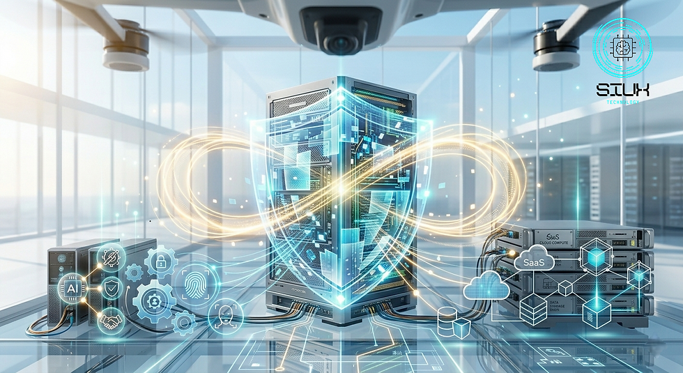 Futuristic digital illustration of secure enterprise IT infrastructure featuring protected servers, cloud computing, AI governance, cybersecurity controls, and compliance monitoring, symbolizing regulatory compliance, data protection, and secure digital transformation by SiUX Technology.