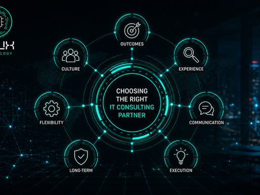 Futuristic digital interface illustrating key criteria for choosing the right IT consulting partner including outcomes, experience, flexibility, and execution