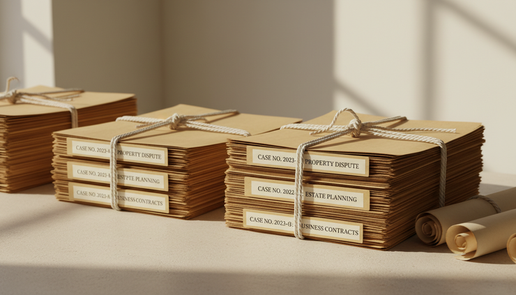 Eye-level view of labeled legal files tied with cotton string