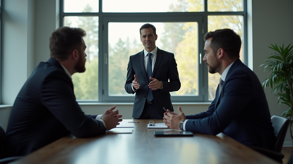Eye-level view of a mediator facilitating a discussion between two parties