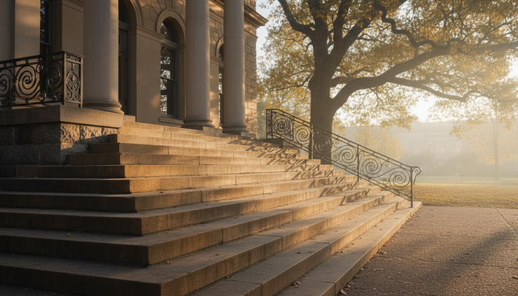 Wide-angle view of courthouse steps in soft morning light
