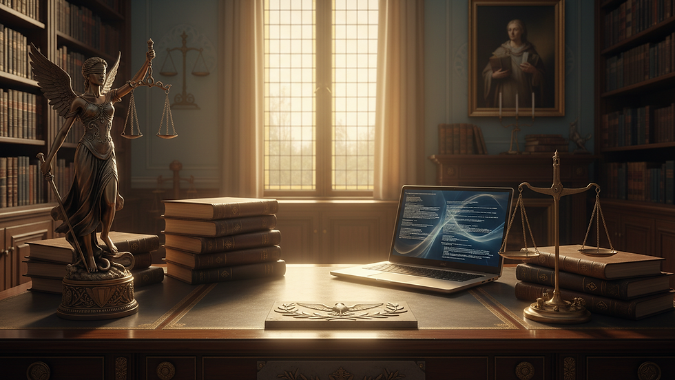 Eye-level view of a lawyer’s desk with organized files and a laptop