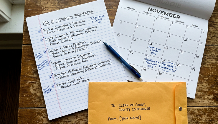 Overhead view of a legal preparation checklist beside a calendar and sealed envelope