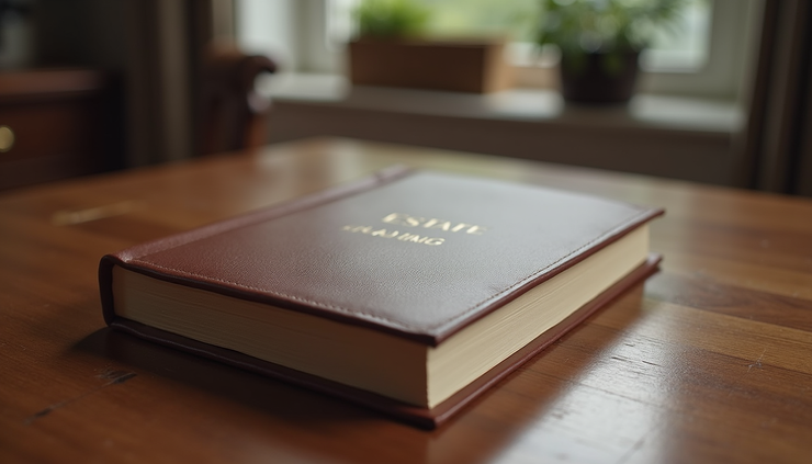 Eye-level view of a leather-bound estate planning book resting on a wooden desk