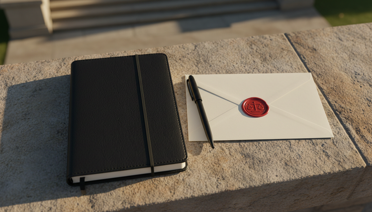 Overhead view of a courthouse notebook, pen, and sealed envelope on a stone bench
