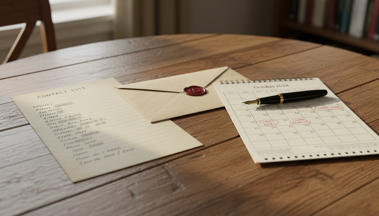 Eye-level view of a handwritten contact list beside a sealed envelope and a calendar page.