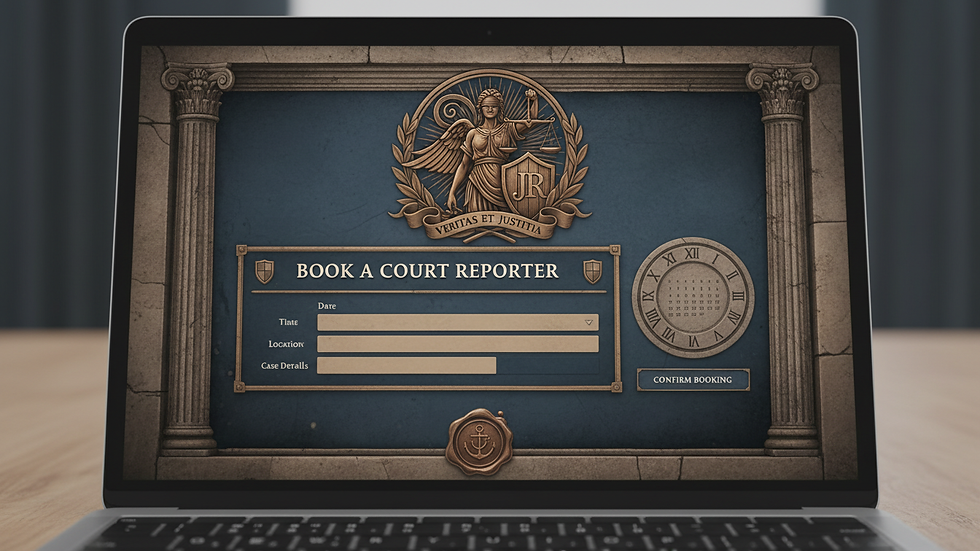 Close-up view of a laptop screen showing an online court reporting booking interface
