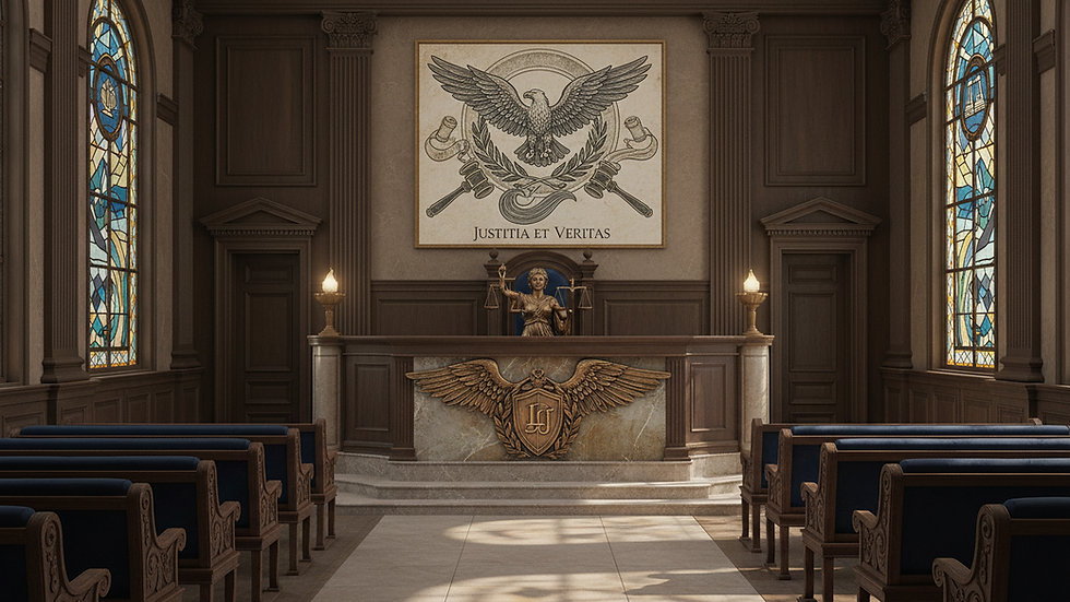 Eye-level view of courtroom with judge's bench and seating