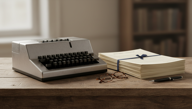 Close-up of a stenotype machine beside neatly stacked transcript pages