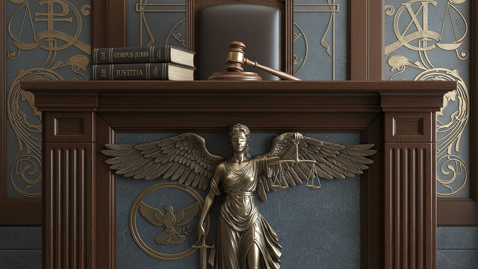 Close-up view of a courtroom bench with legal books and a gavel