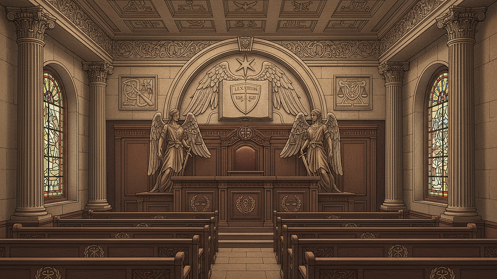Eye-level view of courtroom with judge's bench and empty seats