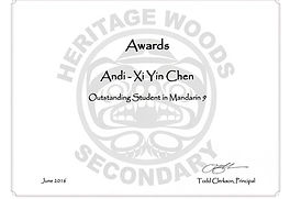 Andi (Xi Yin) Chen Heritage Woods Secondary School Awards 1