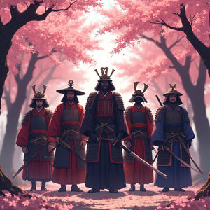 Samurai in traditional clothing under the bloomed sakura 