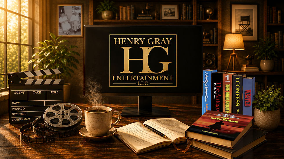 Henry Gray Ent LLC logo on a monitor in a cozy study.