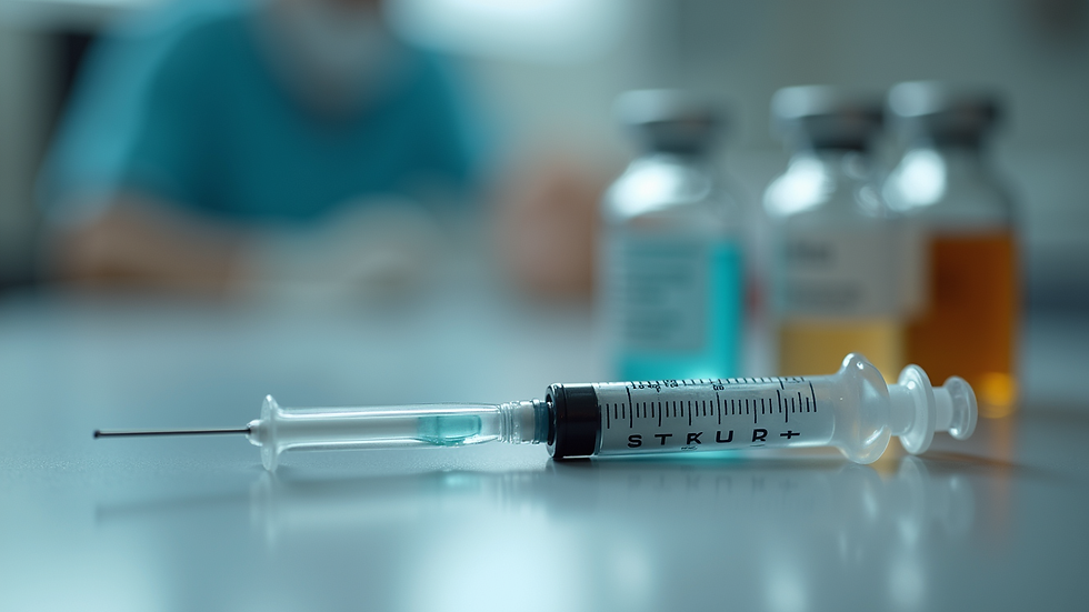 Close-up view of a syringe and vaccine bottle for poultry vaccination