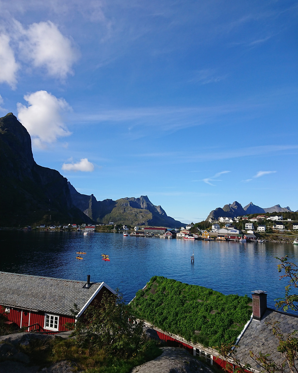 Scenic Lofoten fjord village in Norway, perfect for wellness trips