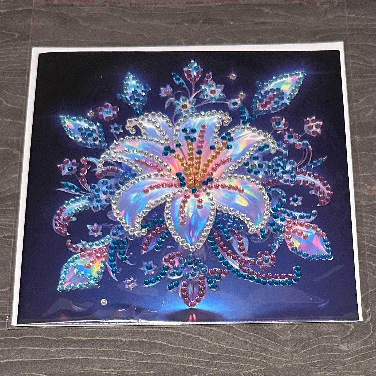 Hand decorated card with gems - Blue flowers