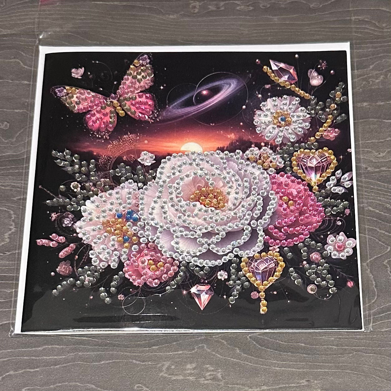 Hand decorated card with gems - Flowers and Butterfly