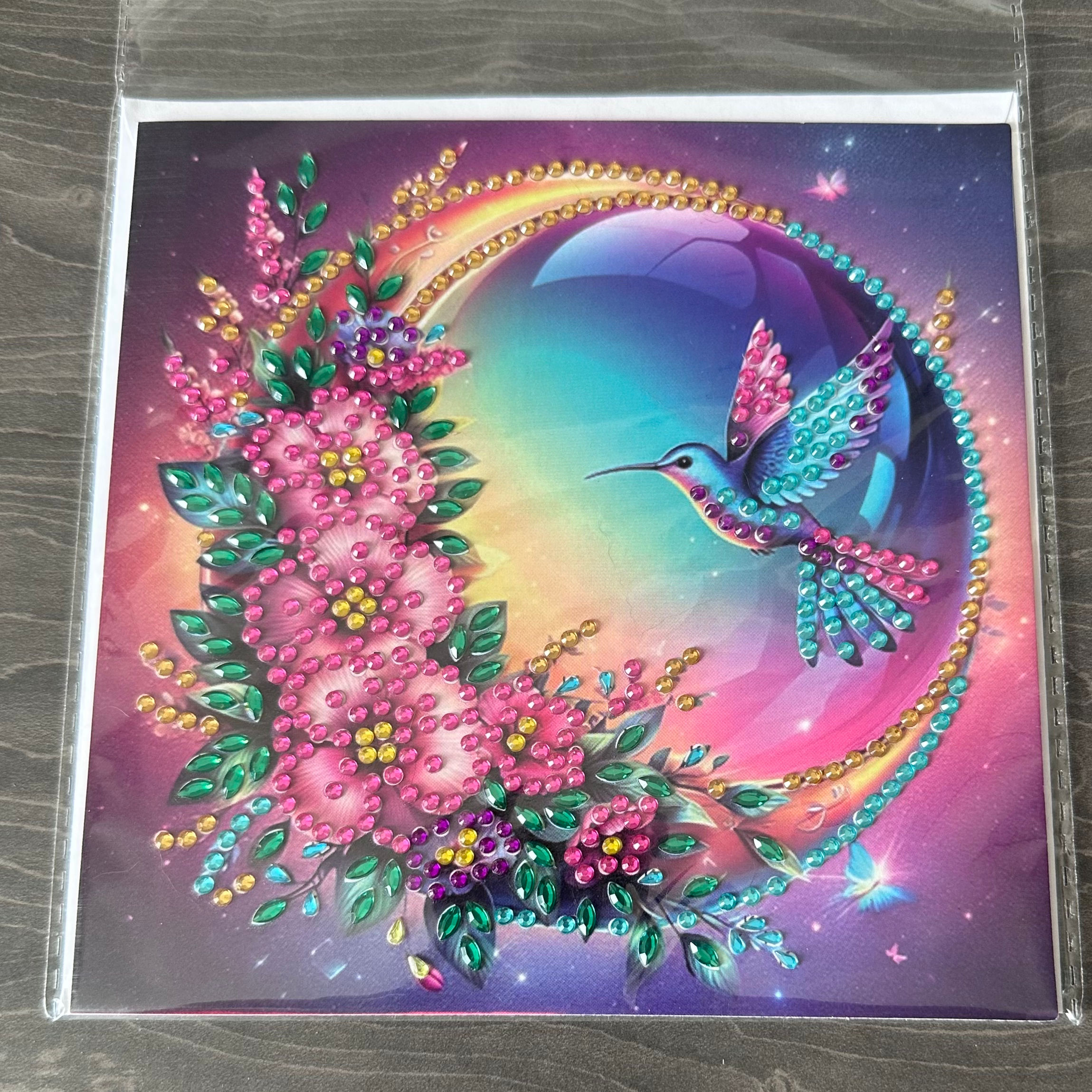 Hand decorated card with gems - Hummingbird
