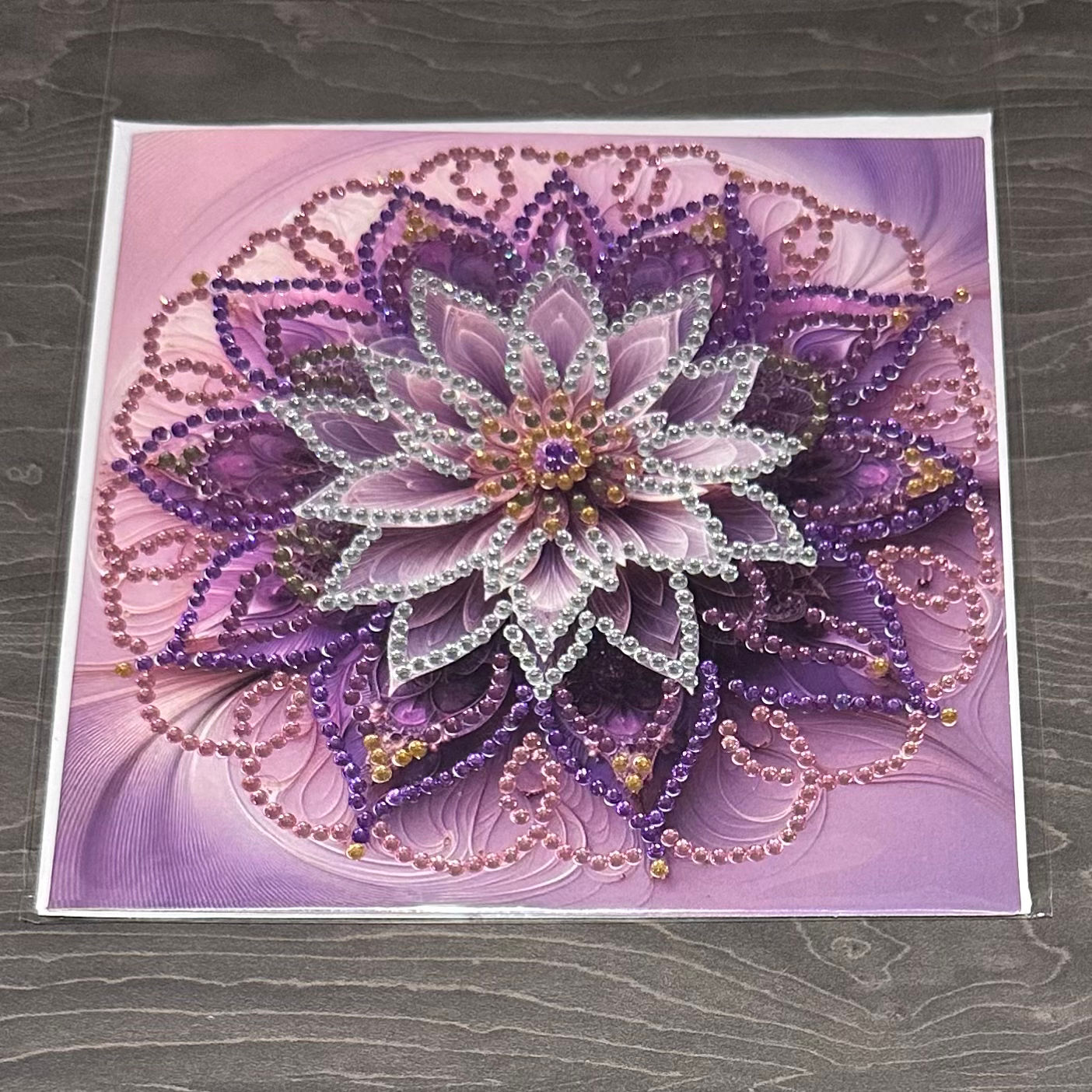 Hand decorated card with gems Purple flower