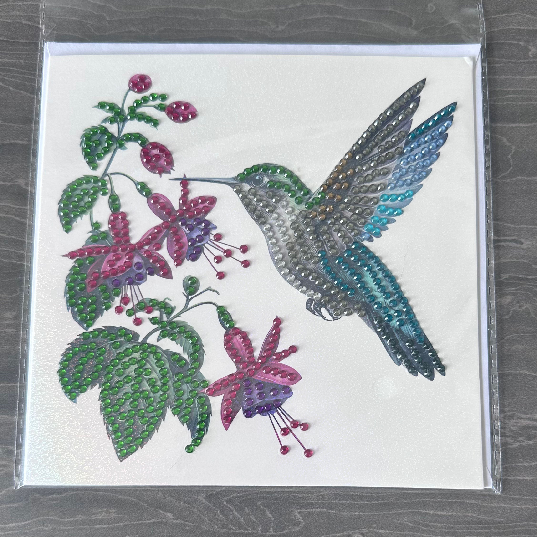 Hand decorated card with gems - Hummingbird