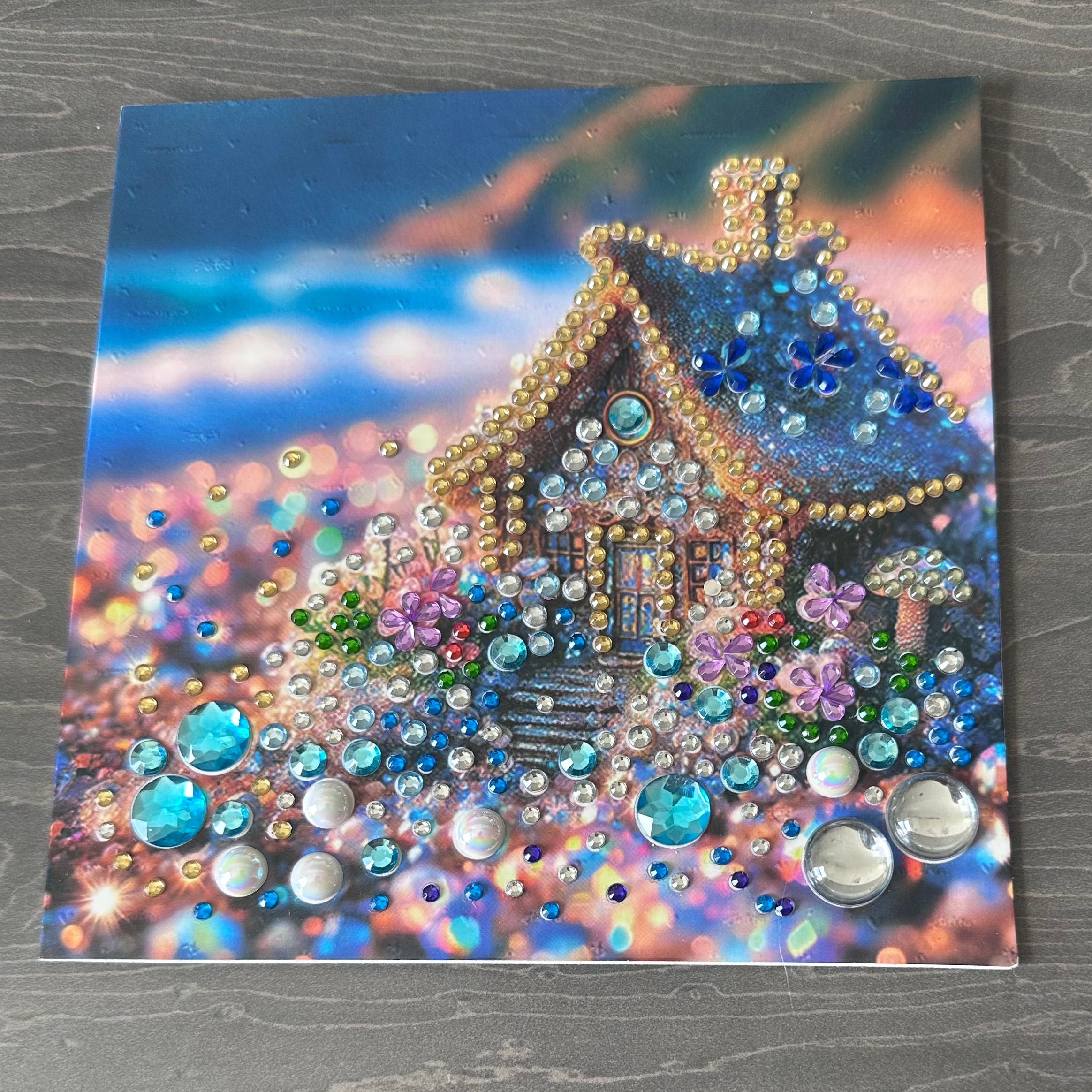 Hand decorated card with gems - House