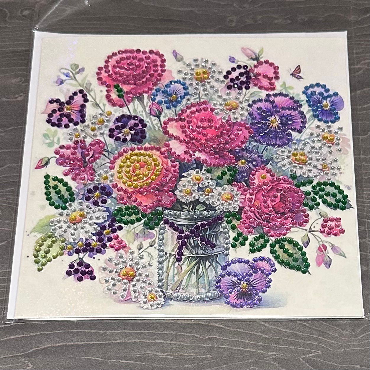 Hand decorated card with gems - Flowers
