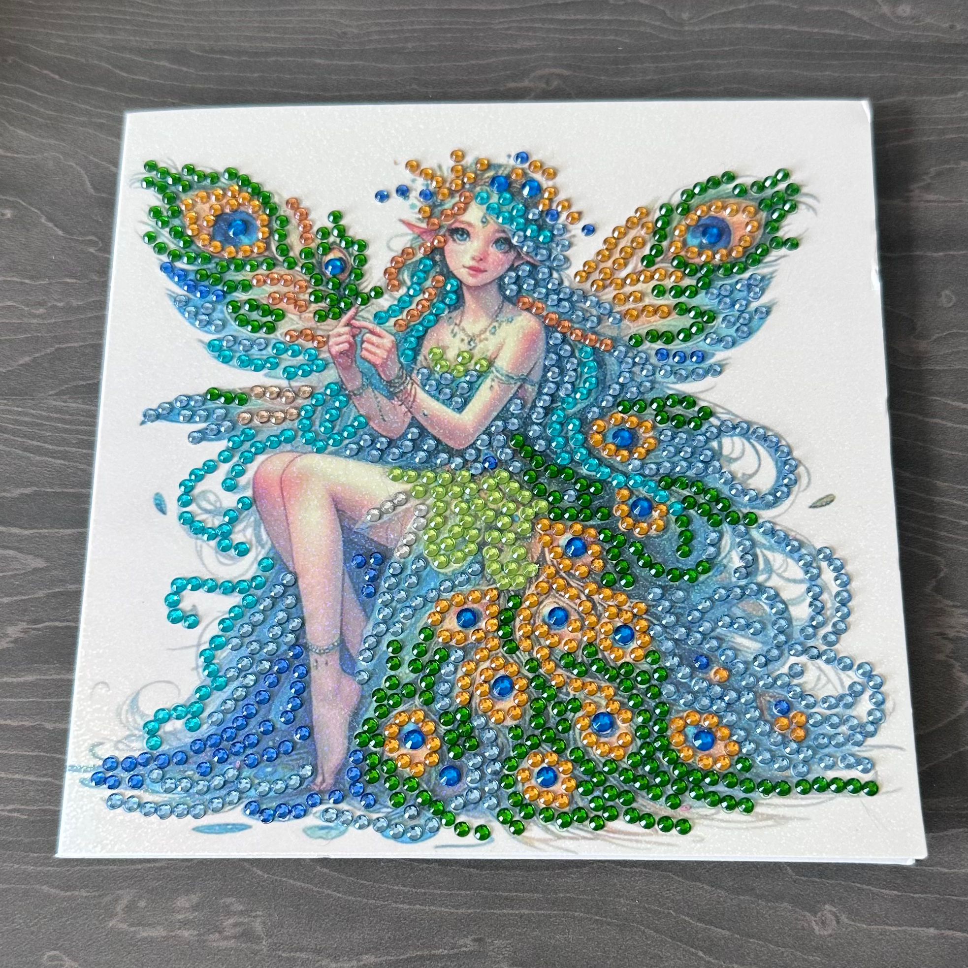 Hand decorated card with gems - Peacock Fairy