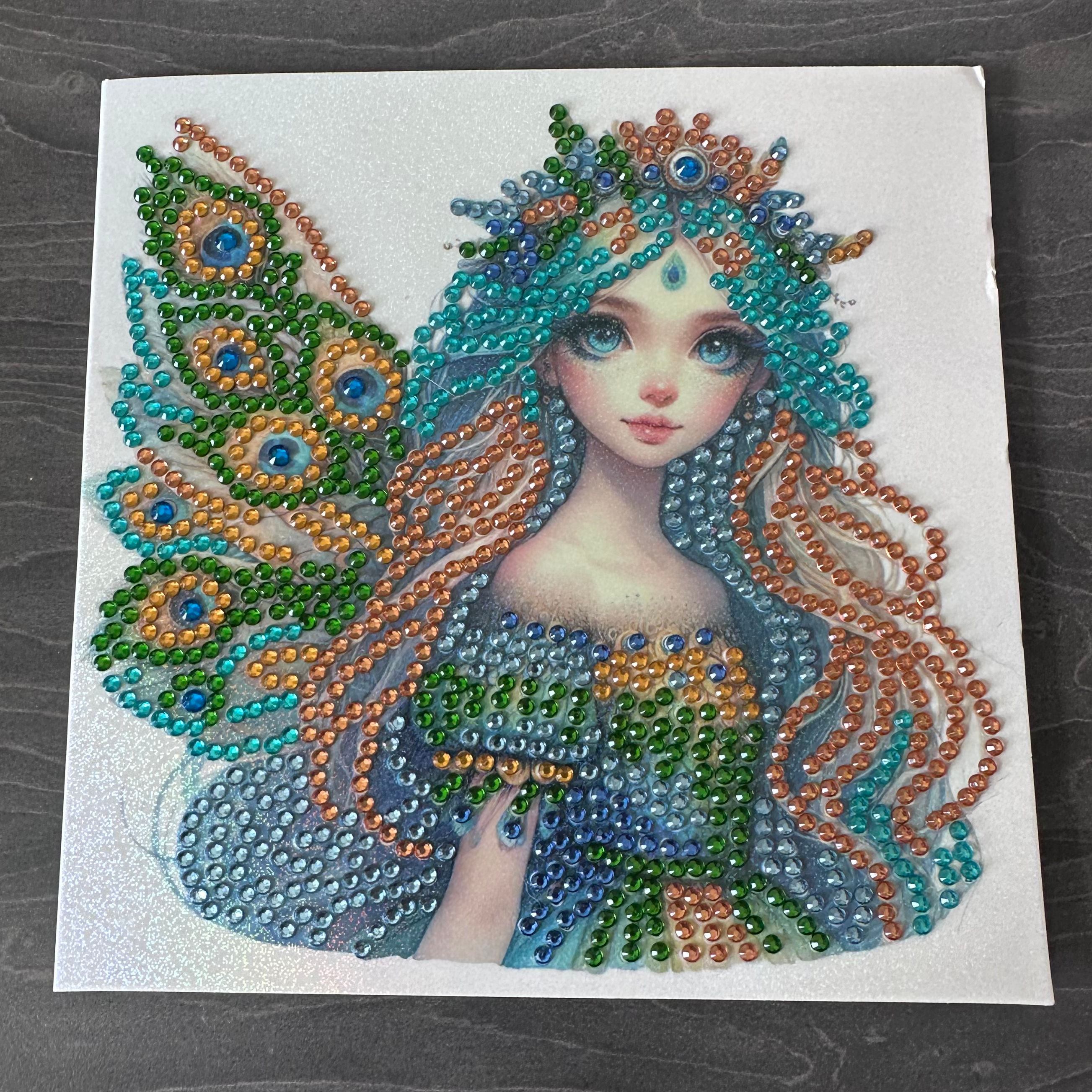 Hand decorated card with gems - Peacock Fairy