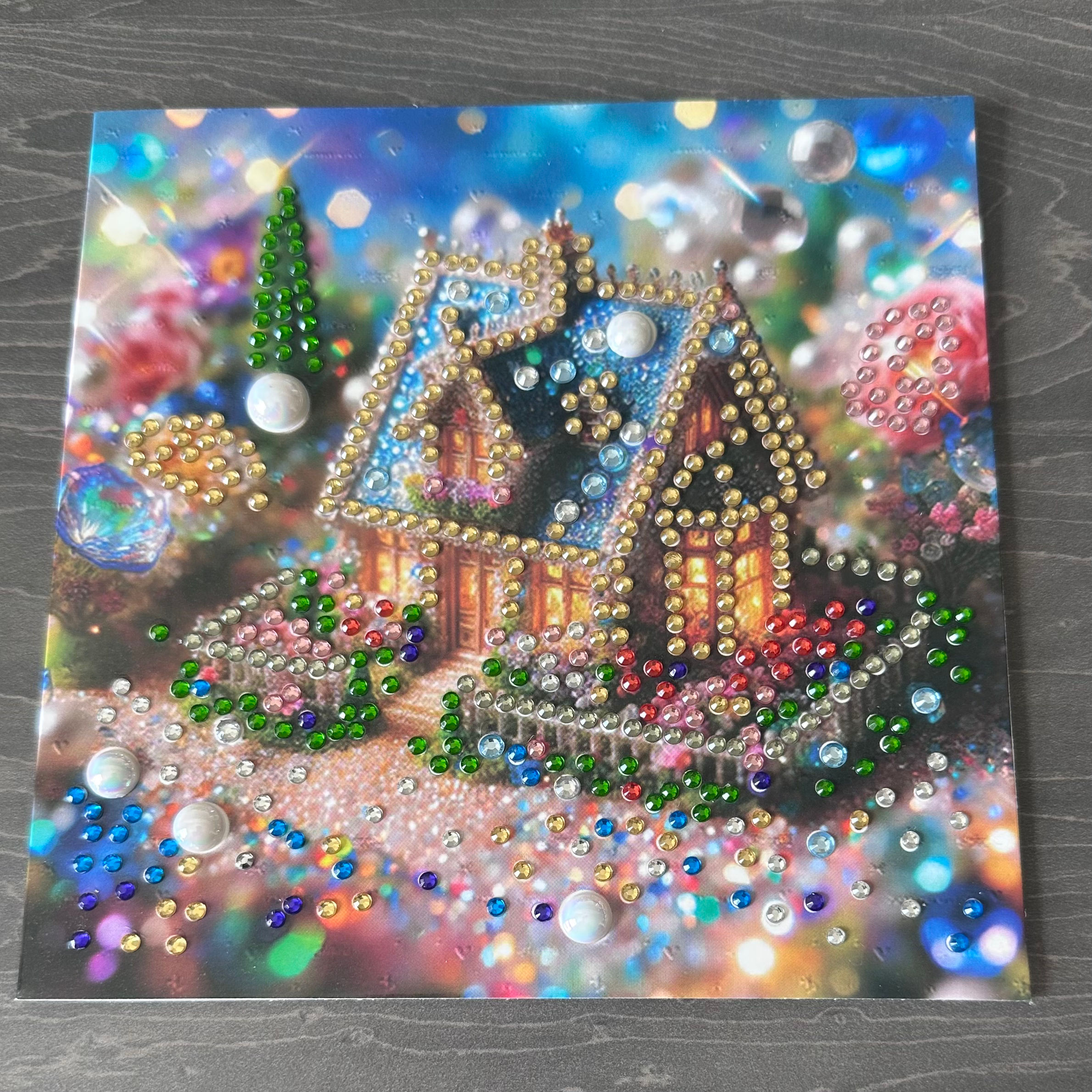 Hand decorated card with gems - House