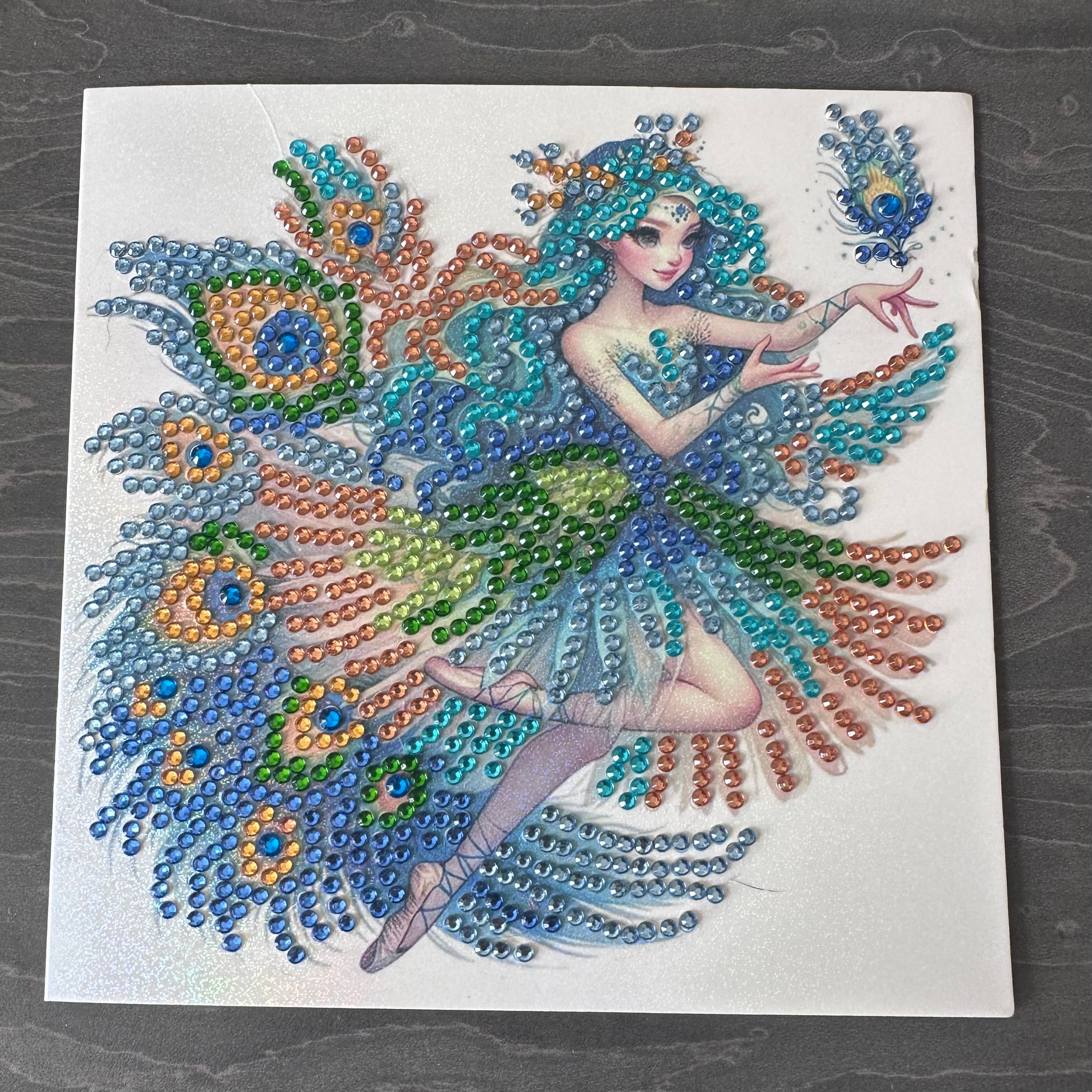 Hand decorated card with gems - Peacock Fairy