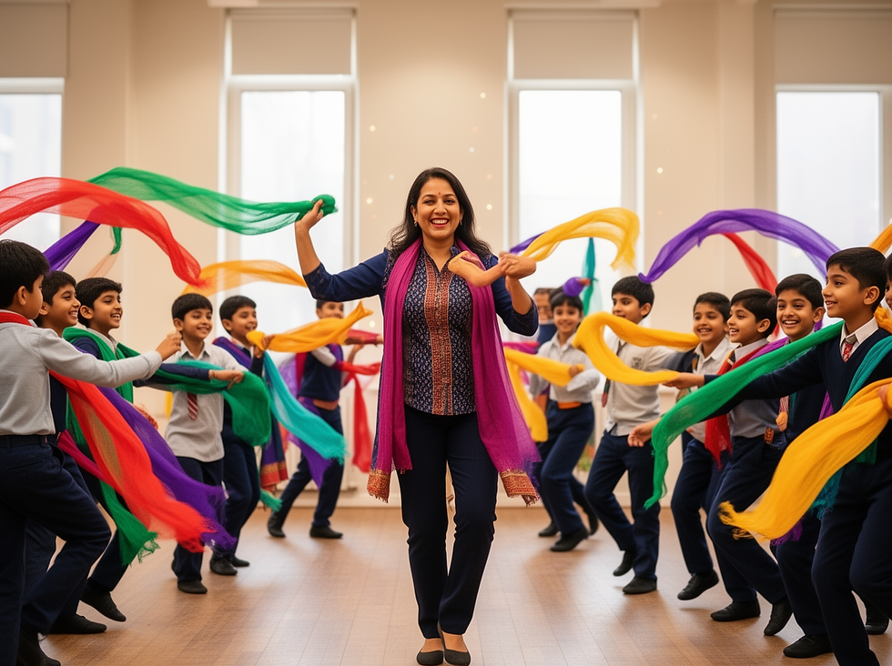 Dance teacher leading an inclusive Diwali dance workshop for school pupils