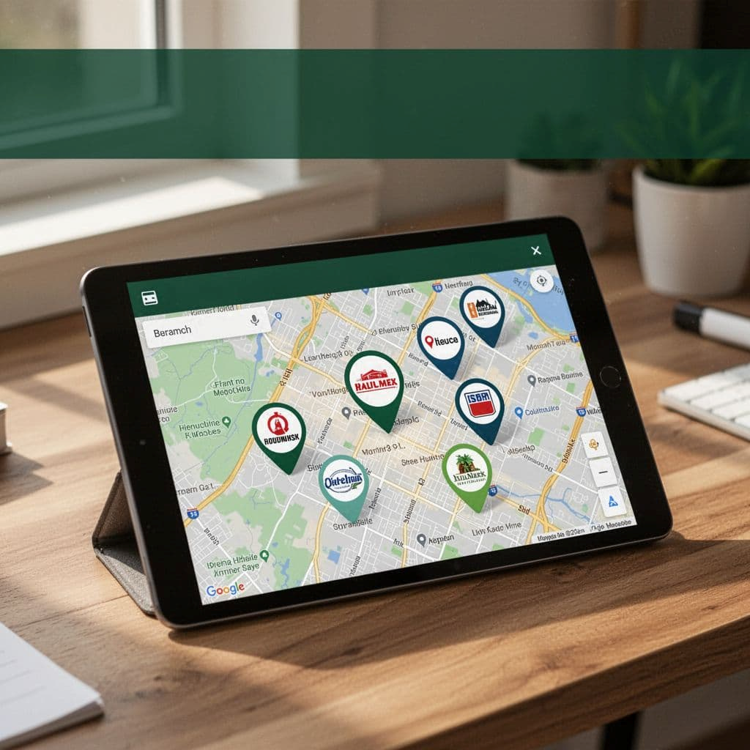 Tablet displaying a digital map with local business locations and online marketing visibility for small businesses.