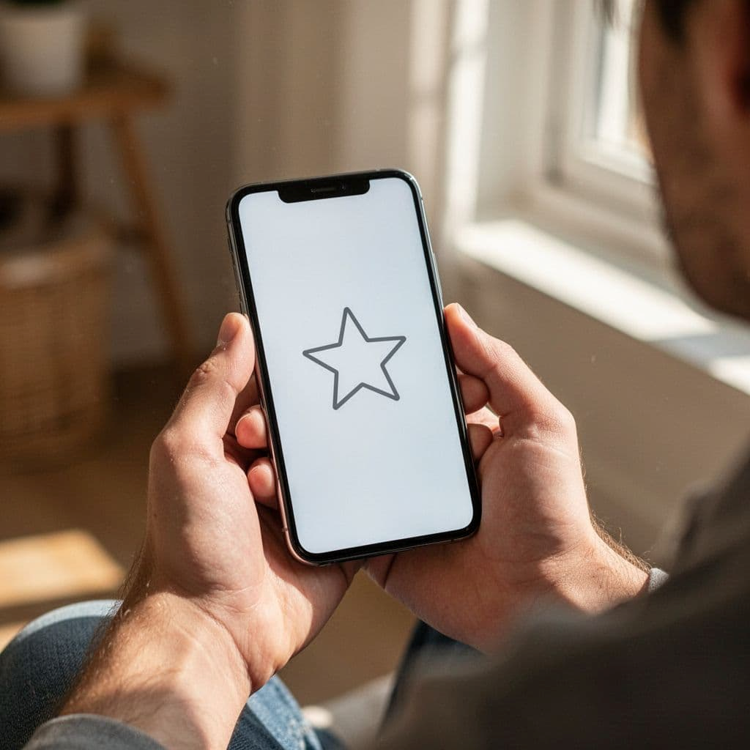 Person holding a smartphone with a review or rating icon representing digital engagement for small business marketing.