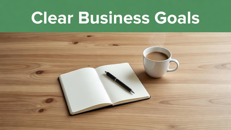 Notebook and coffee on a desk representing clear business goals and strategic planning for small business marketing and local business growth.