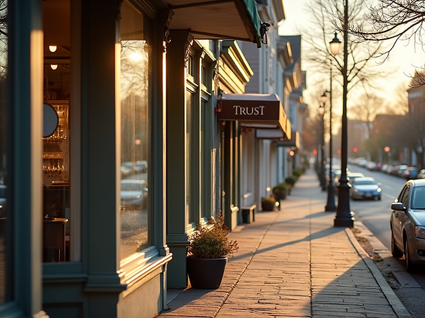 Environmental shot of a charming New England main street storefront bathed in warm, natura