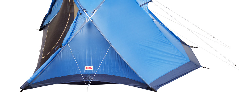 the side of a blue tent from Fjallraven