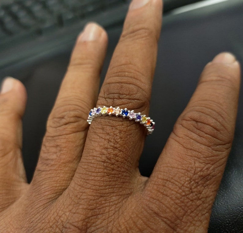 Thumbnail: 925 Sterling Silver Ring Studded With Multi Color CZ Crystals Gemstone.