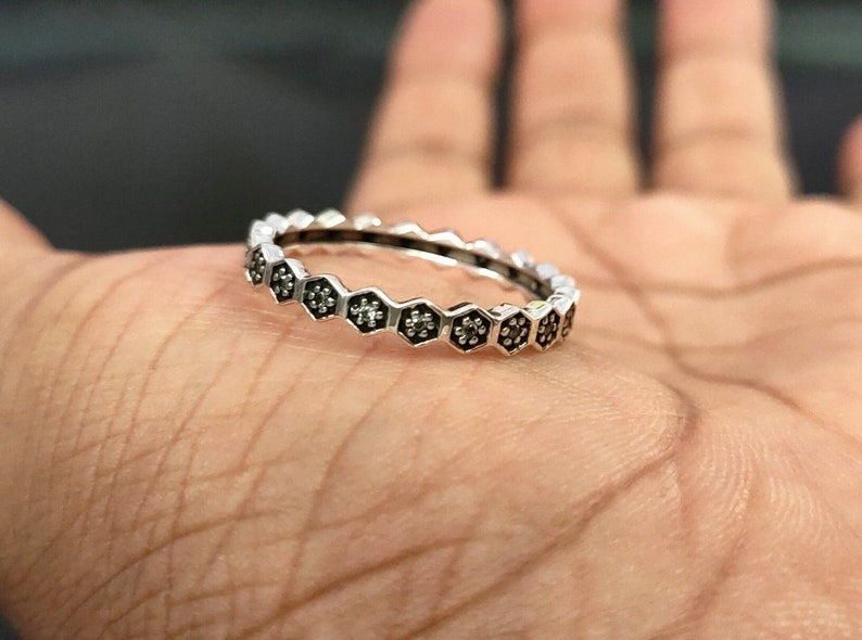 Thumbnail: 925 Sterling Silver Hexagon Shape Ring With CZ Crystals Gemstone.
