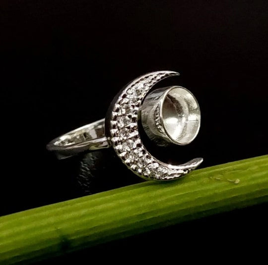 Thumbnail: 925 Sterling Silver Crescent Moon Ring With Round Shape Bezel, Studded With CZ.