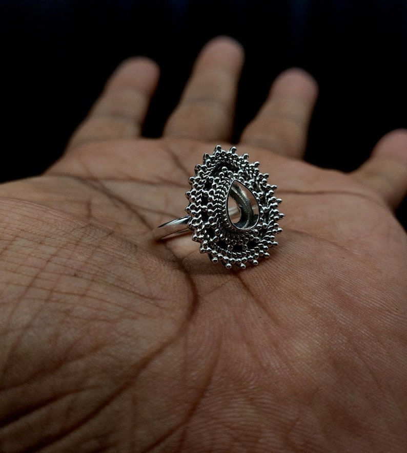 Thumbnail: 925 Sterling Silver Handmade Bezel Ring Setting, For Pear Shape Gemstones.