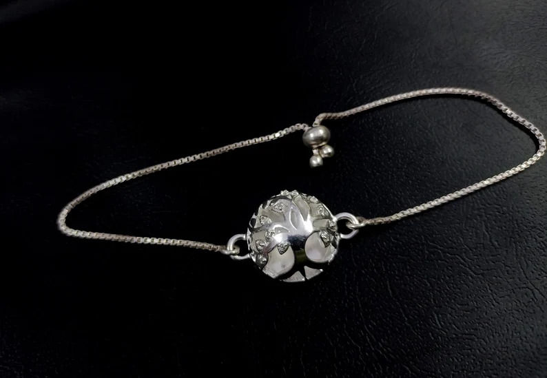 Thumbnail: Tree Of Life Shape 925 Sterling Silver Half Ball Bolo Bracelet With CZ.