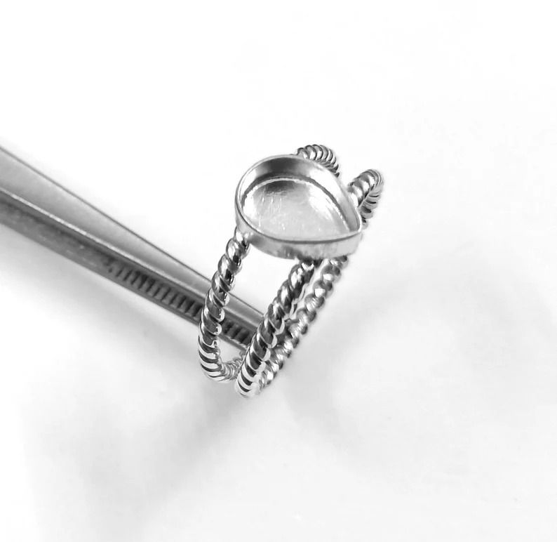 Thumbnail: 925 Sterling Silver Pear Shape Ring Bezel Blank Setting DIY With Rope Wire Band,
