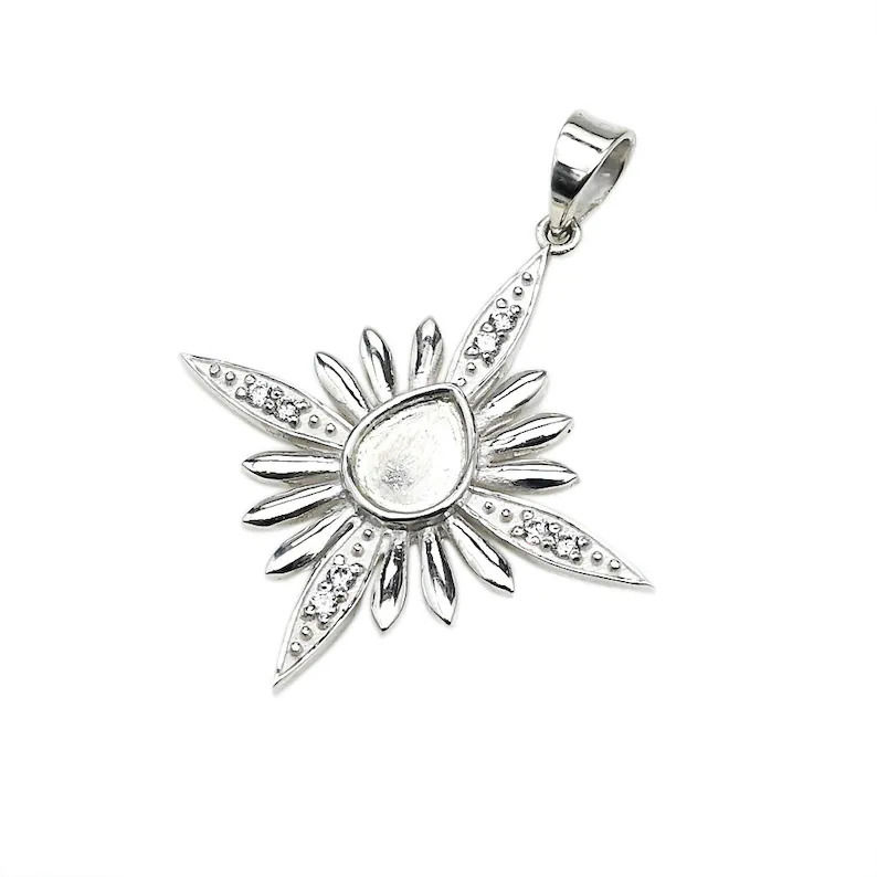 Thumbnail: 925 Sterling Silver Pendant Pear Shape Bezel For Resin Work With CZ Gemstones.