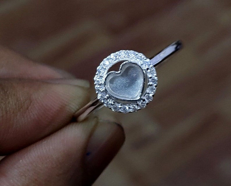 925 Sterling Silver Round Bezel With Small CZ Gemstones, Heart Shape Ring Diy.