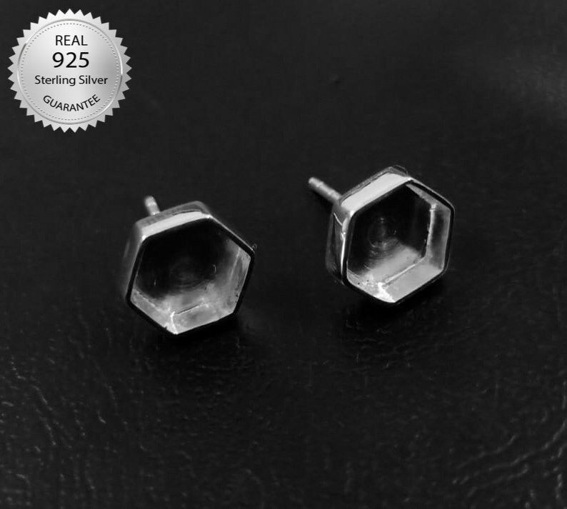 925 Sterling Silver Hexagon Shape Studs Blank Bezel Setting For Resin Work.